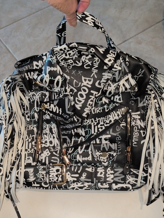 Graffiti Fringe Faux-Leather Backpack - Black & White main image 5